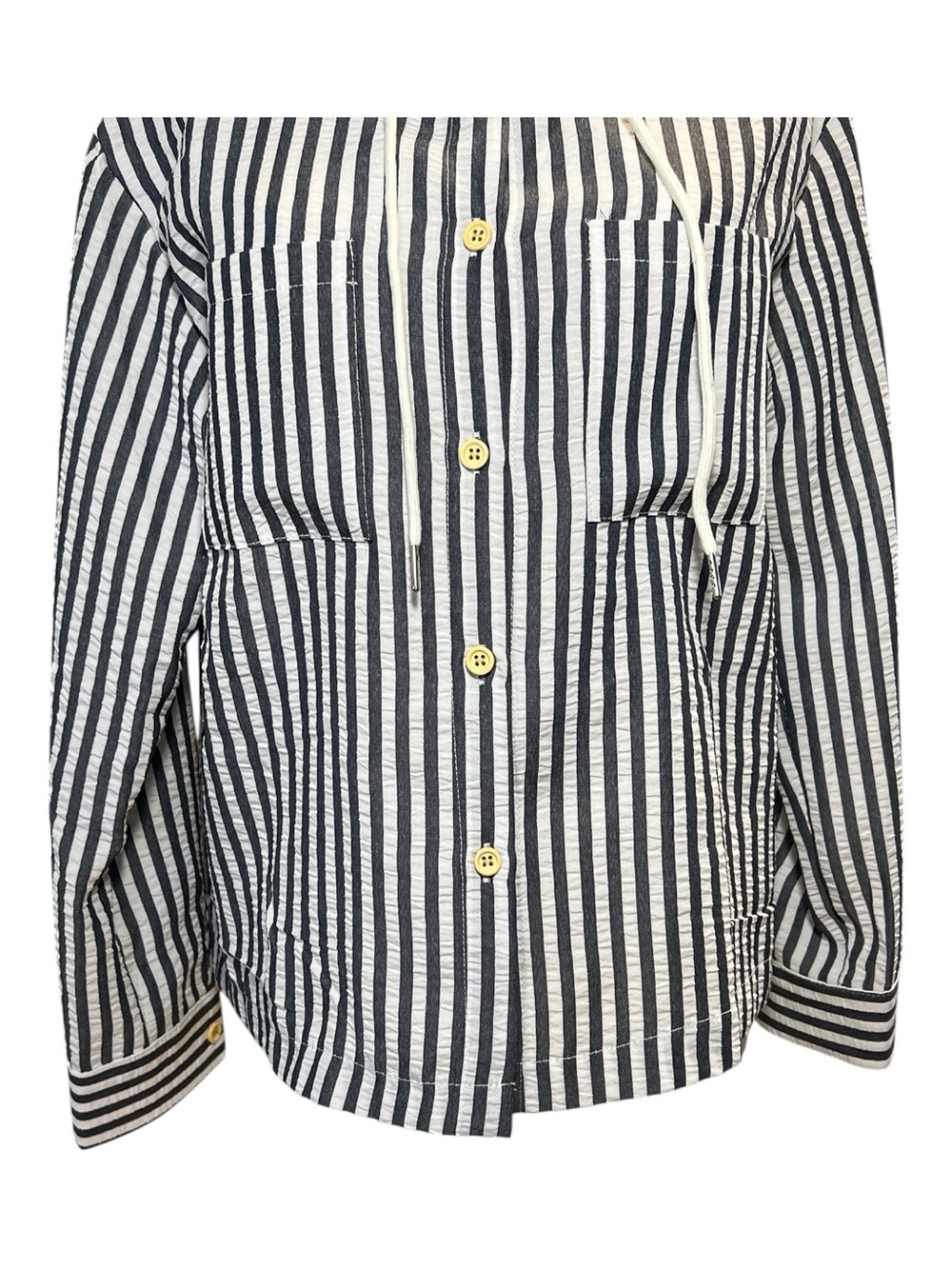 NWOT grayish blue & white striped hooded button-up shirt jacket | size S - Picture 3 of 10